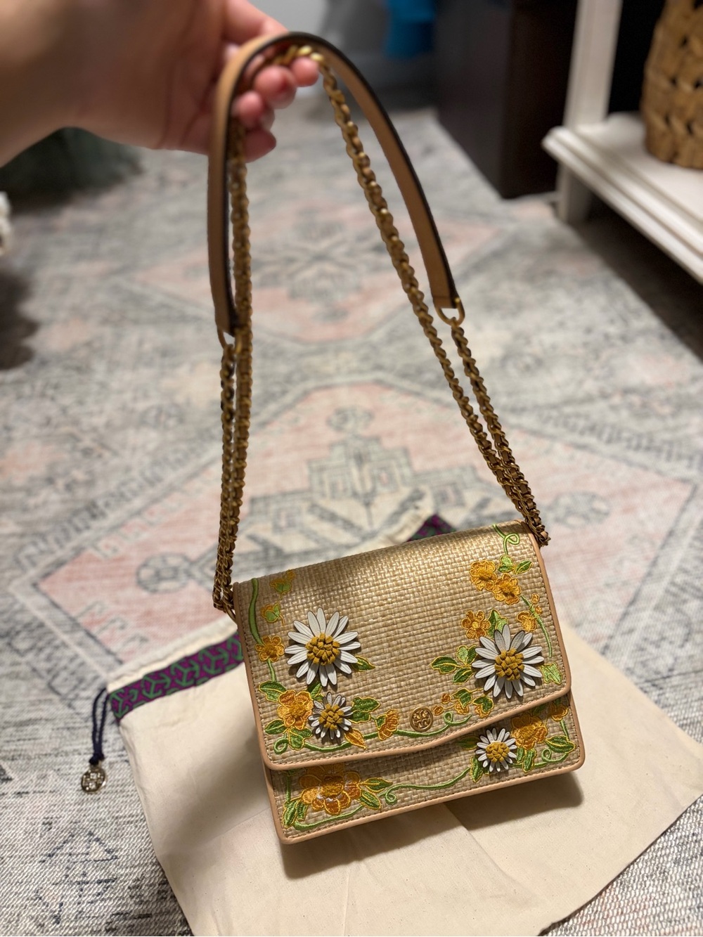 Tory Burch Embroidered Floral Straw Crossbody Bag